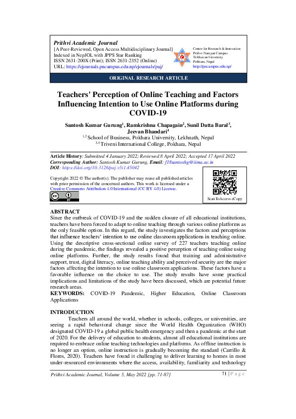 (PDF) Teachers' Perception of Online Teaching and Factors Influencing ...