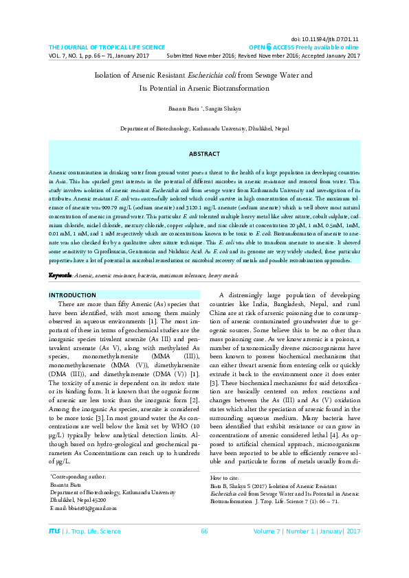(PDF) Isolation of Arsenic Resistant Escherichia coli from Sewage Water ...