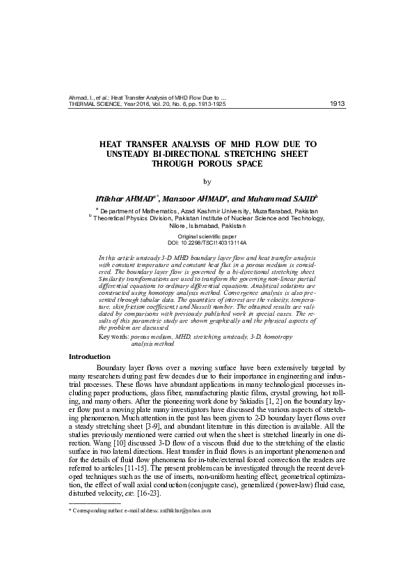 (PDF) Heat transfer analysis of MHD flow due to unsteady bidirectional ...