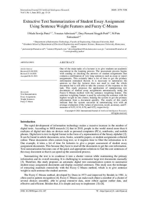 (PDF) Extractive Text Summarization of Student Essay Assignment Using ...