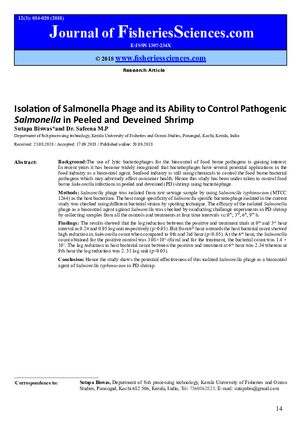 (PDF) Isolation of Salmonella Phage and its Ability to Control ...