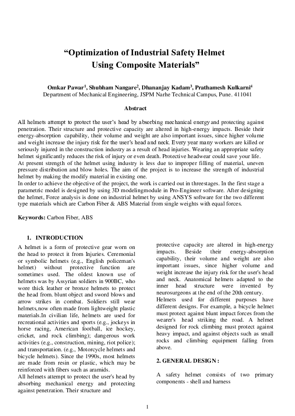 (PDF) "Optimization of Industrial Safety Helmet Using Composite Materials"