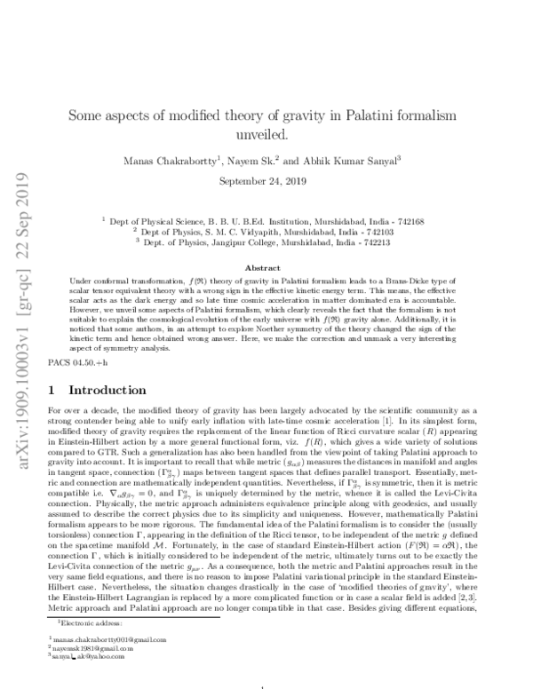 (PDF) Some aspects of modified theory of gravity in Palatini formalism ...