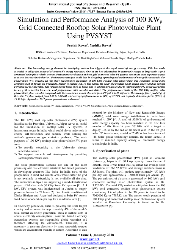 (PDF) Simulation and Performance Analysis of 100 KWp Grid Connected ...