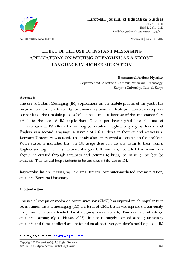(PDF) Effect of the Use of Instant Messaging Applications on Writing of ...