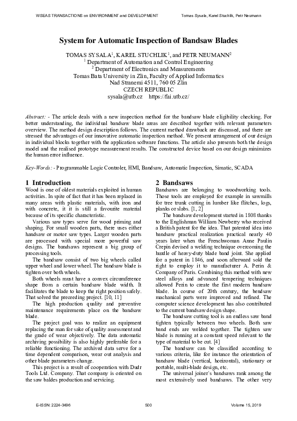 (PDF) System for automatic inspection of bandsaw blades