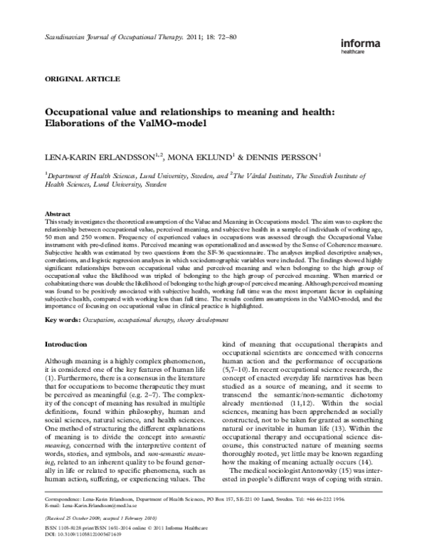 (PDF) Occupational value and relationships to meaning and health ...
