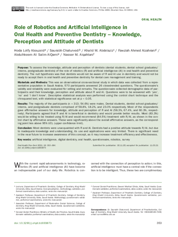 (PDF) Role of Robotics and Artificial Intelligence in Oral Health and ...
