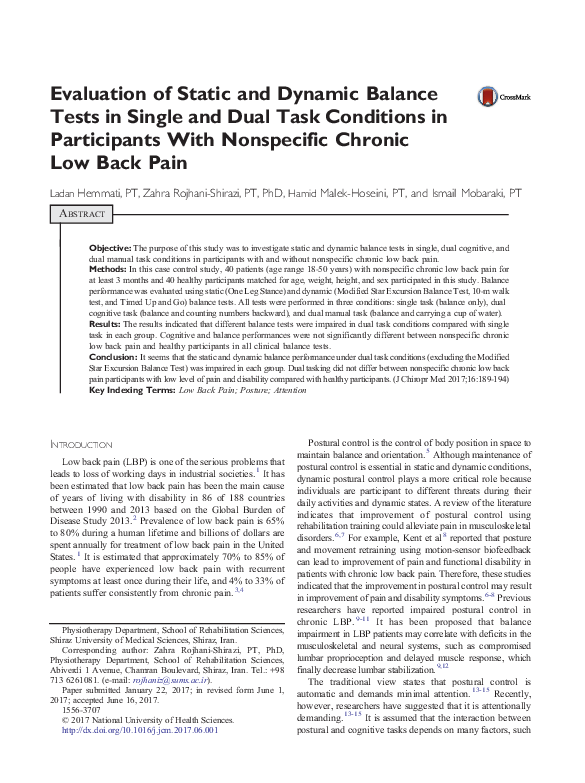 (PDF) Evaluation of Static and Dynamic Balance Tests in Single and Dual ...