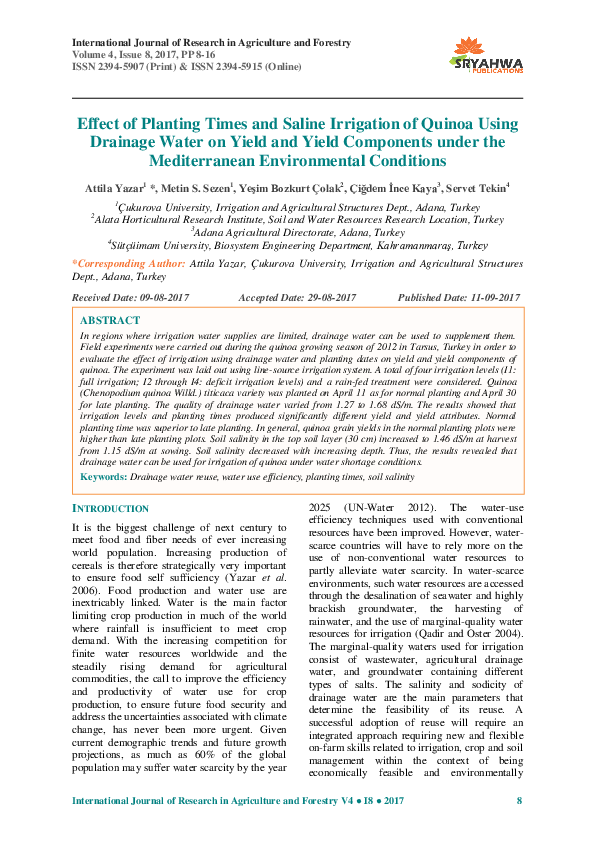 (PDF) Effect of Planting Times and Saline Irrigation of Quinoa Using ...
