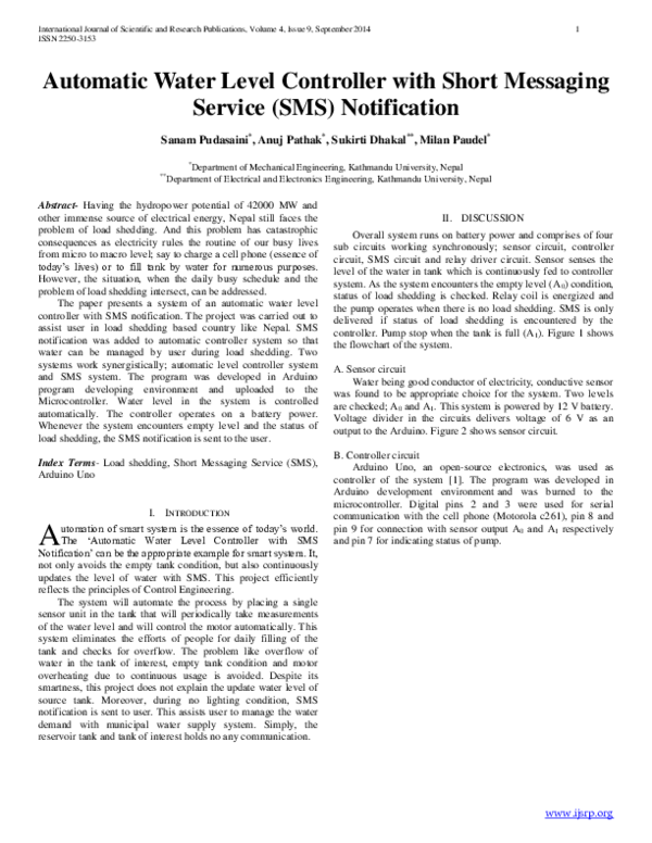 (PDF) Automatic Water Level Controller with Short Messaging Sanam Pudasaini Academia.edu