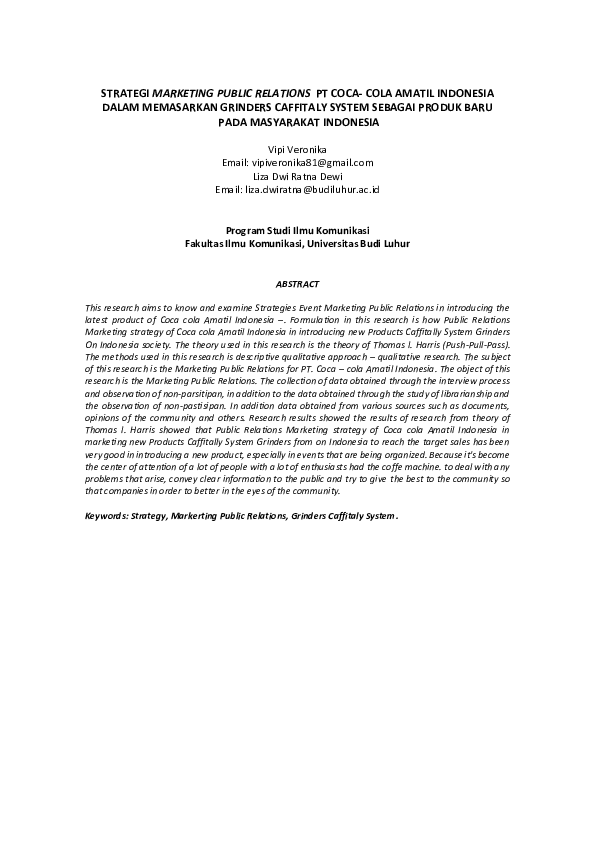 (PDF) Strategi Marketing Public Relations PT Coca Cola Amatil