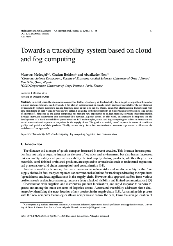 (PDF) Towards a traceability system based on cloud and fog computing