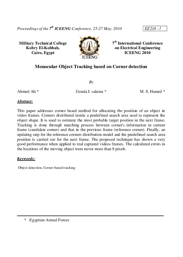 (PDF) Monocular Object Tracking based on Corner detection