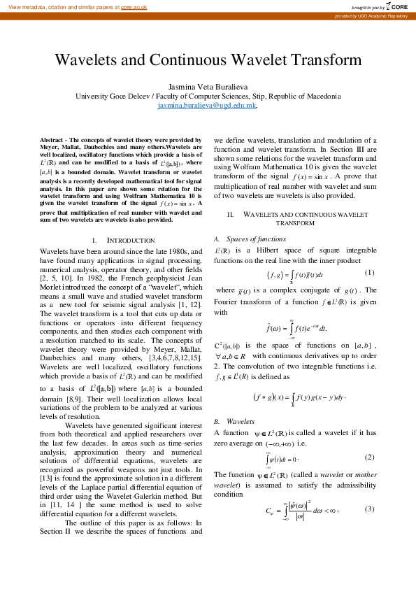 (PDF) Wavelets and Continuous Wavelet Transform