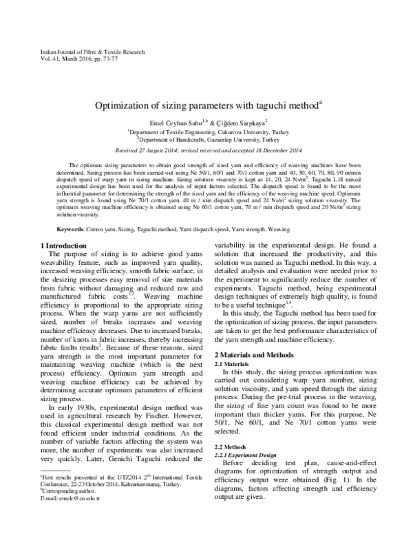 (PDF) Optimization of sizing parameters with taguchi method