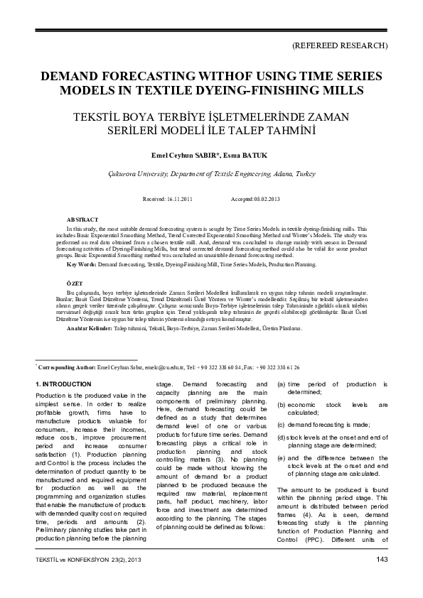(PDF) Demand Forecasting Withof Using Time Series Models In Textile ...