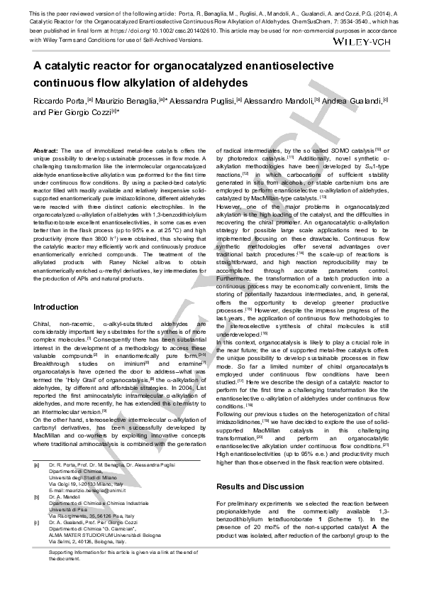 (PDF) A Catalytic Reactor for the Organocatalyzed Enantioselective ...