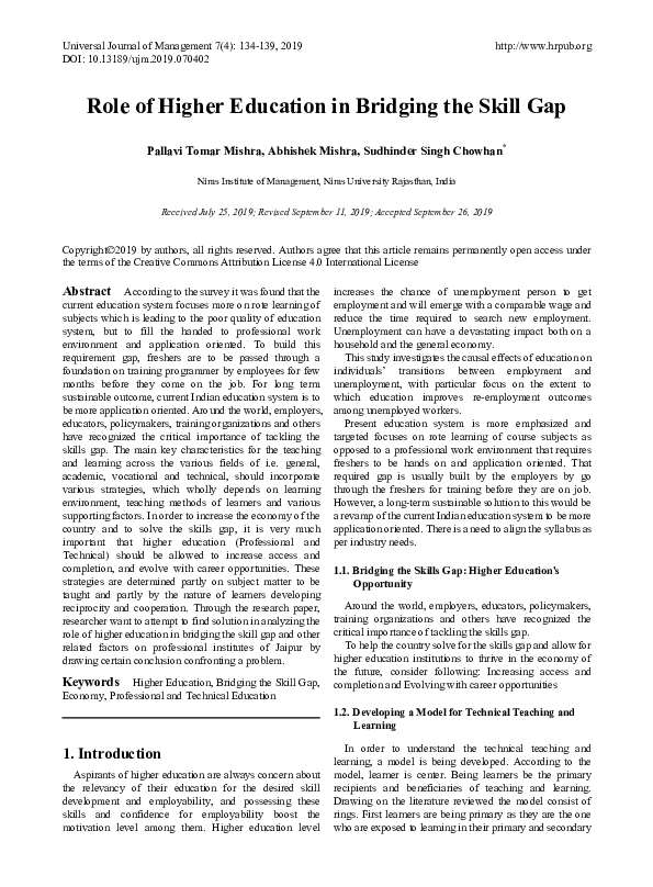 (PDF) Role of Higher Education in Bridging the Skill Gap