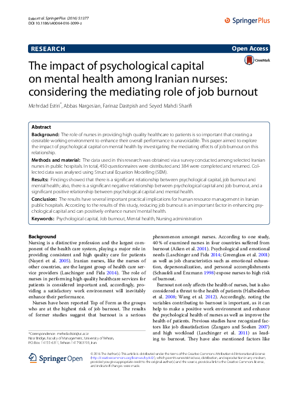 (PDF) The impact of psychological capital on mental health among ...