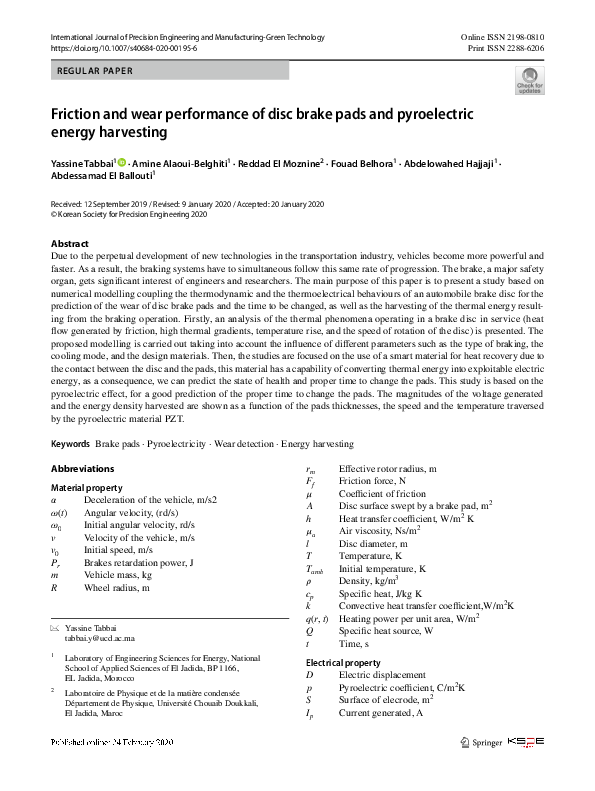 (PDF) Friction and wear performance of disc brake pads and pyroelectric ...