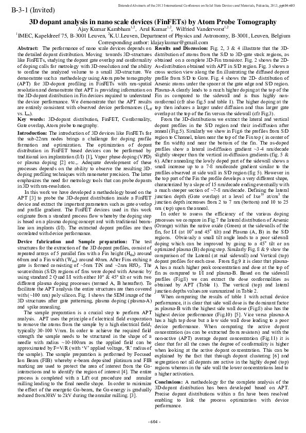 (PDF) 3D dopant analysis in nano scale devices (FinFETs) by Atom Probe ...