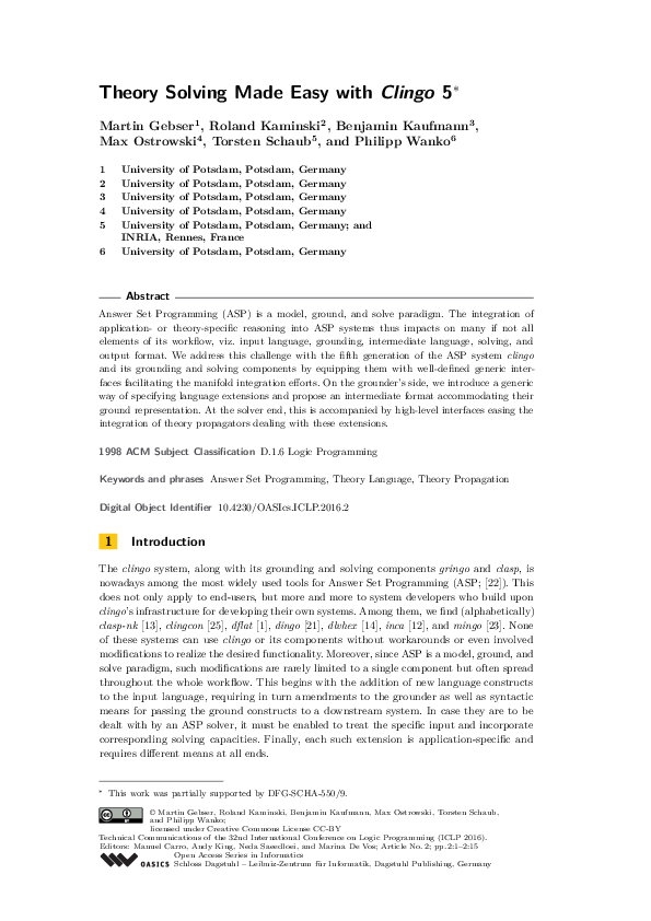 (PDF) Theory Solving Made Easy with Clingo 5