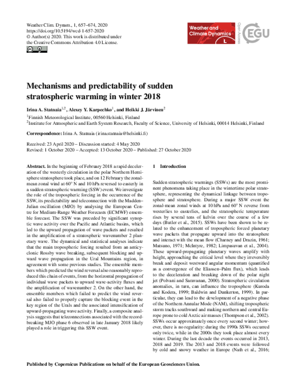 (PDF) Mechanisms and predictability of Sudden Stratospheric Warming in ...