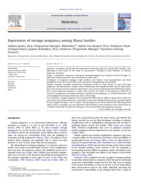(PDF) Experiences of teenage pregnancy among Xhosa families
