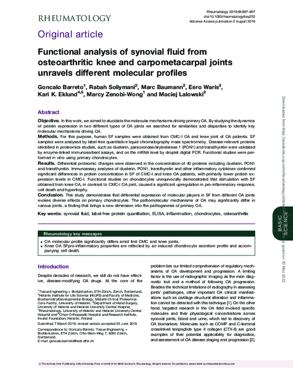 (PDF) Functional analysis of synovial fluid from osteoarthritic knee ...