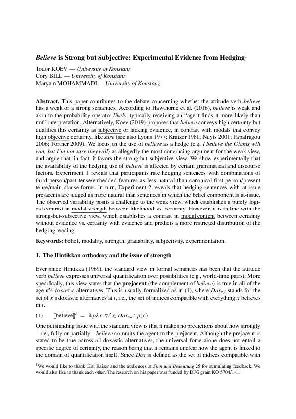 (PDF) Believe' is Strong but Subjective: Experimental Evidence from Hedging