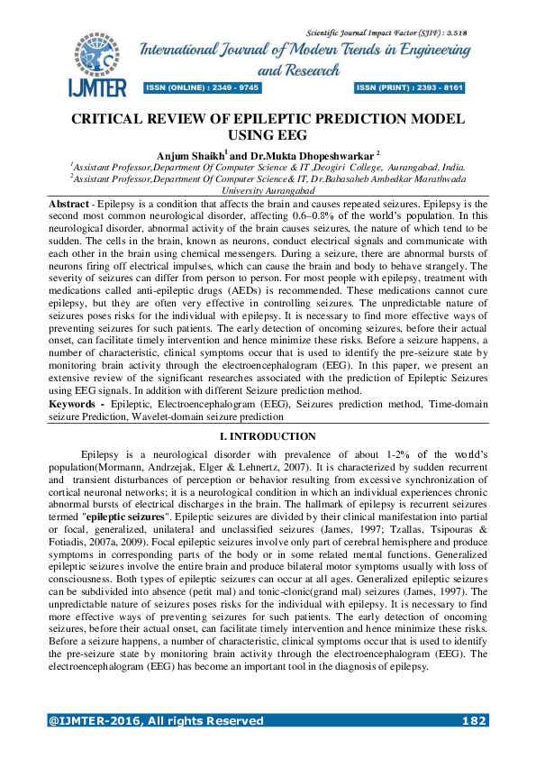 (PDF) Critical Review of Epileptic Prediction Model Using Eeg