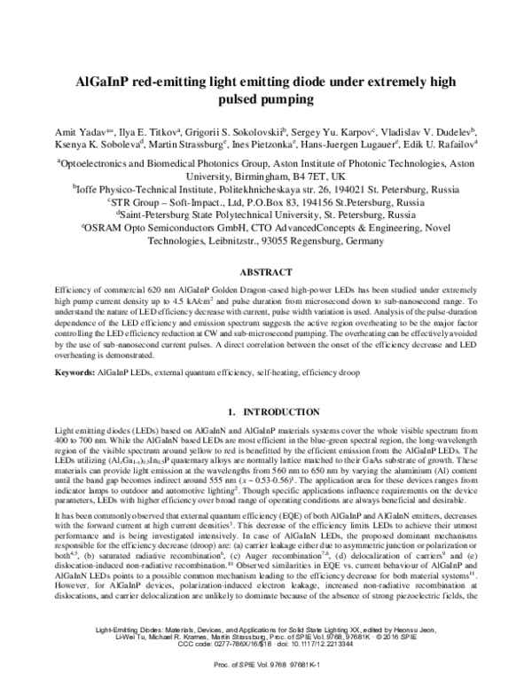 (PDF) AlGaInP red-emitting light emitting diode under extremely high ...