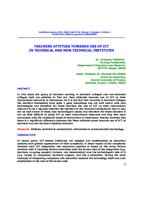(PDF) Teachers Attitude towards Use of ICT in Technical and Non ...