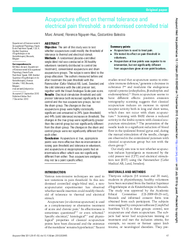 (PDF) Acupuncture effect on thermal tolerance and electrical pain