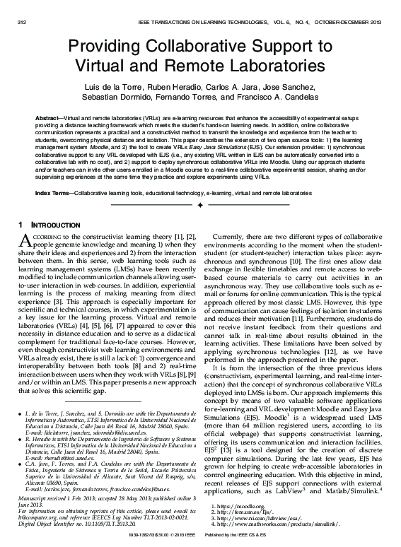 (PDF) Providing collaborative support to virtual and remote laboratories