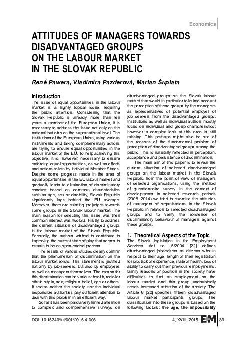 Attitudes of managers towards disadvantaged groups on the labour market in the Slovak Republic.questionnaire survey results