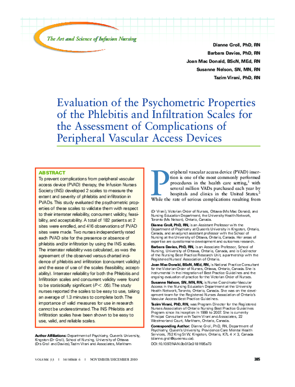 (PDF) Evaluation of the Psychometric Properties of the Phlebitis and ...