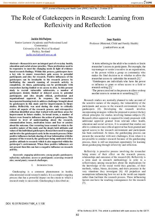 (PDF) The Role of Gatekeepers in Research: Learning from Reflexivity ...