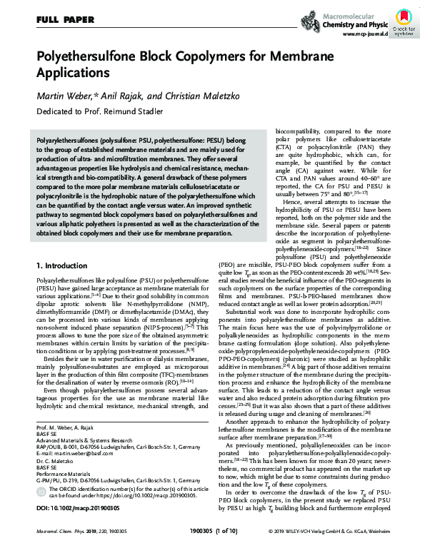 (PDF) Polyethersulfone Block Copolymers for Membrane Applications
