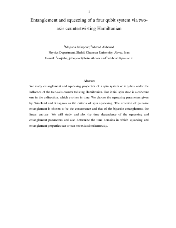 (PDF) Entanglement and squeezing of a four qubit system via two-axis ...