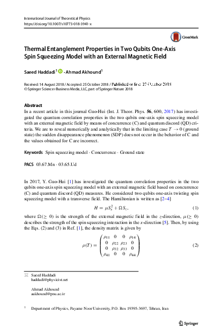 (PDF) Thermal Entanglement Properties in Two Qubits One-Axis Spin ...