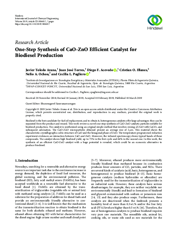 (PDF) One-Step Synthesis of CaO-ZnO Efficient Catalyst for Biodiesel ...