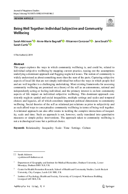 (PDF) Being Well Together: Individual Subjective and Community Wellbeing