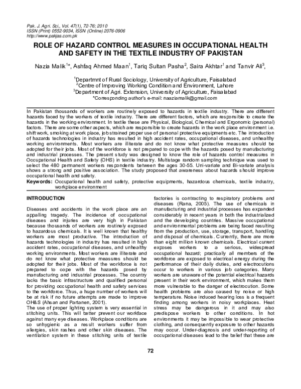 PDF) Role of hazard control measures in occupational health and safety in  the textile industry of Pakistan | Tanvir Ali - Academia.edu