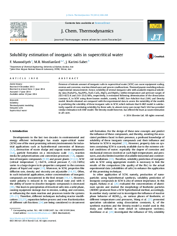 (PDF) Solubility estimation of inorganic salts in supercritical water