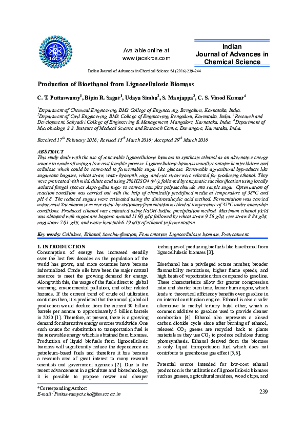 (PDF) Production of Bioethanol from Lignocellulosic Biomass
