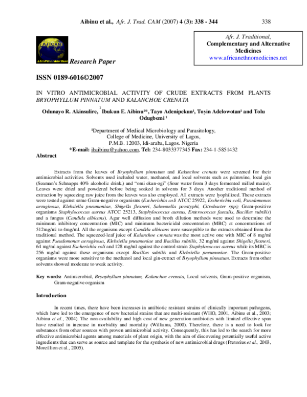 (PDF) In Vitro Antimicrobial Activity of Crude Extracts from Plants