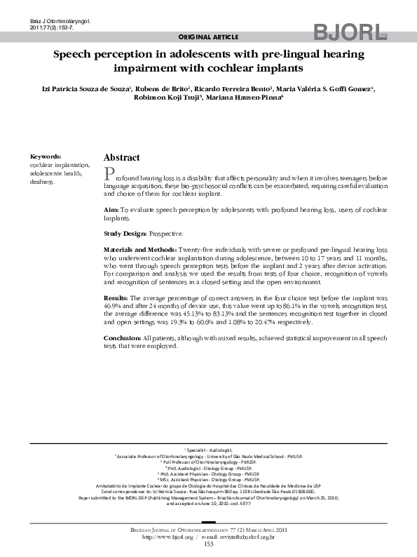 (PDF) Speech perception in adolescents with pre-lingual hearing ...