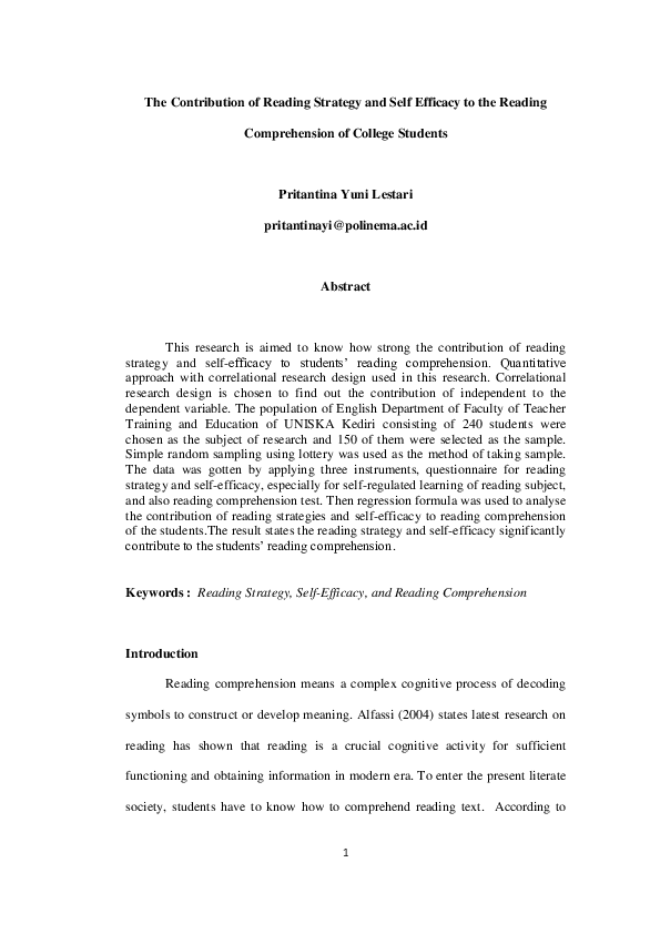 (PDF) The Contribution of Reading Strategy and Self Efficacy to the ...